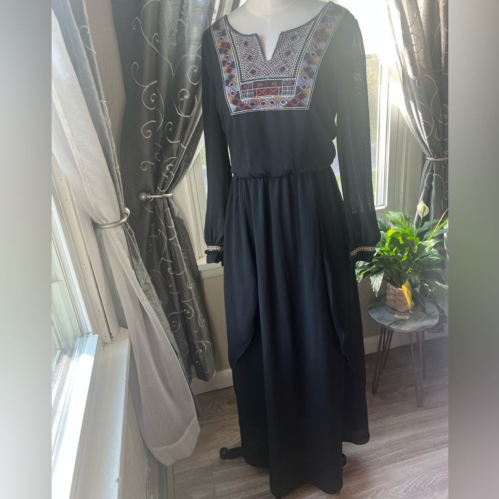 Bohemian Black Maxi Dress with Embroidered Detail